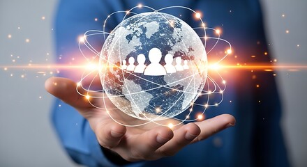 Global network concept with person icons and world map in a person's hand