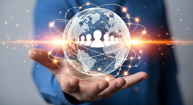 Global network concept with person icons and world map in a person's hand
