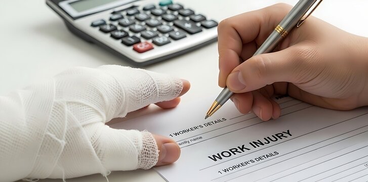 Work injury claim form being filled out with a bandaged hand and calculator nearby - Powered by Adobe