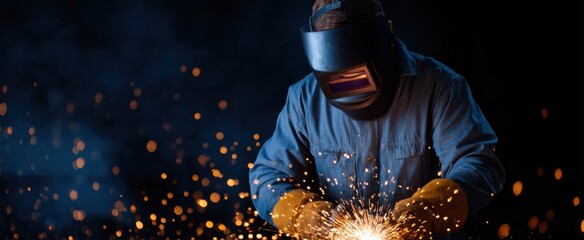 The worker welds metal generating bright sparks throughout the process.