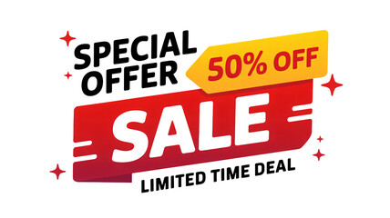 Announcing a special offer sale with 50% off for a limited time deal, inviting customers to take advantage of the promotion and discounts with vibrant colors