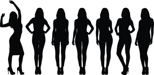 female silhouette poses collection, standing woman figure set, fashion body outline illustration, elegant posture design, stylish vector character pack