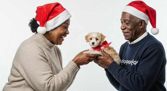 Joyful senior couple wearing santa hats presents a tiny, adorable puppy with a red bow against a white background - Powered by Adobe