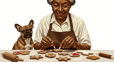 Smiling elderly african american woman decorating gingerbread cookies with a small dog watching closely, isolated on white background