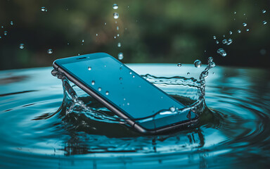 Smartphone splashing into water creating a dynamic crown splash effect with droplets suspended in air