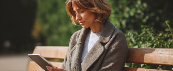 the woman absorbed in an e-book like a sponge soaking up sunlight on a bench