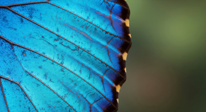Macro close-up view of a vibrant iridescent blue butterfly wing with black and orange edging and detailed natural vein structure