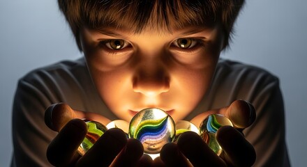 a young boy intently focuses on a collection of colorful glass marbles held in his cupped hands illuminated by a bright glow high quality professional detailed