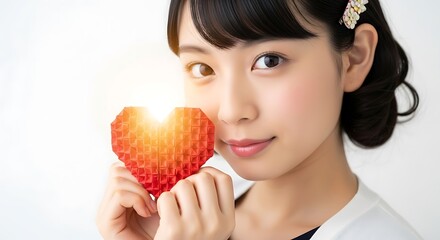 a young asian woman with a gentle expression holds a vibrant red origami heart close to her face illuminated by a soft glow high quality professional