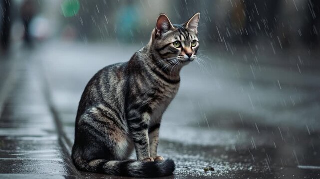 Stray homeless cat. Sad abandoned hungry cat sitting alone in the street under rain