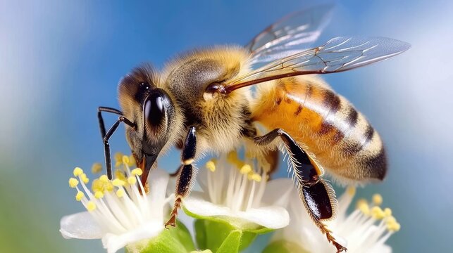 A detailed close-up shot captures a bee diligently gathering nectar from a delicate white flower amidst a lively and colorful garden on a sunny day