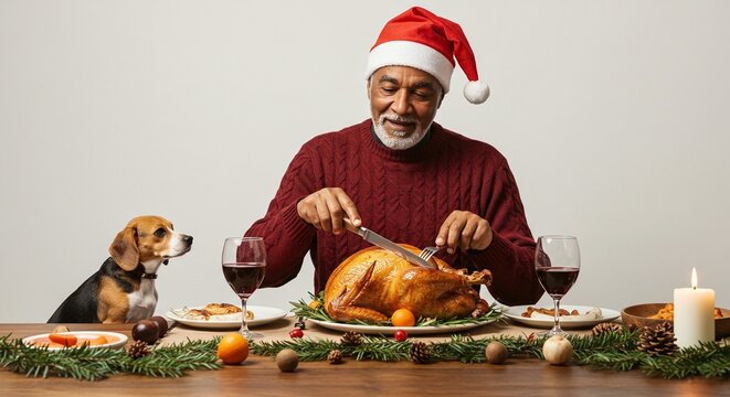 Smiling senior man in santa hat carving a roasted turkey at a festive holiday dinner table with a beagle dog watching closely - Powered by Adobe