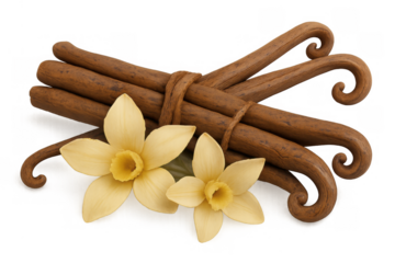 Vanilla beans bundle with fragrant creamy yellow flowers, a sweet aroma for food, cooking, and flavoring desserts