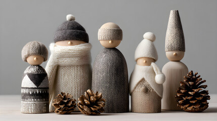 Scandinavian Christmas style with wooden figurines, wool textures, pinecones on light grey background, elegant open space