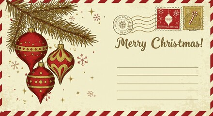 Vintage style christmas postcard design featuring hanging red baubles and pine branch with festive postage stamp area