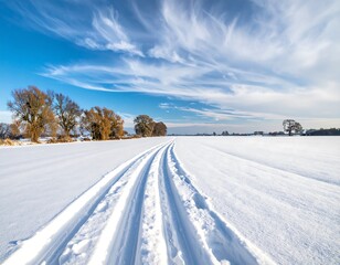 Obraz premium Tracks through vast snowfield leading to trees under a striking blue, whispy cloud-filled sky on bright day