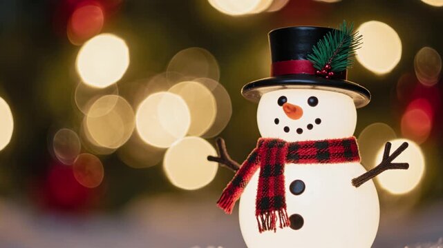 Snowman with scarf and toque in snow with blurred golden lights background