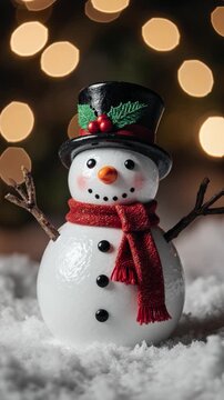 Snowman with scarf and toque in snow with blurred golden lights background