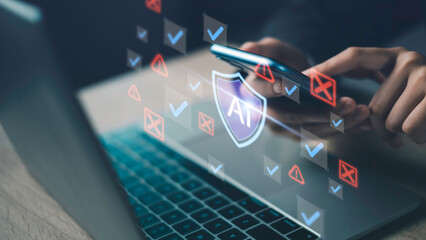 AI risk management with symbols of caution, warning concept, and system checks that represent the importance of ethical safety and responsible use of artificial intelligence.