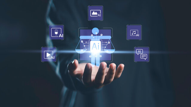 Hand holding artificial intelligence icons representing ethical AI, AI laws, and policy frameworks, perfect for illustrating AI governance, responsible innovation, and digital ethics concepts. - Powered by Adobe