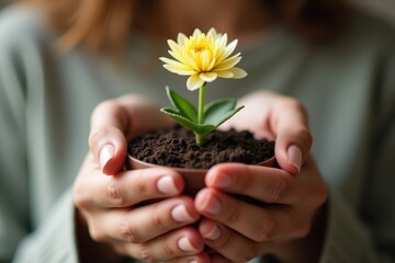 Close-up of a woman's hands gently supporting a blooming flower in a small pot, symbolizing feminine strength, growth, and empowerment in women's health.