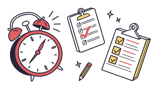 Red Alarm Clock With Ringing Bells And Two Clipboards With Checklists Keywords: alarm clock, checklist