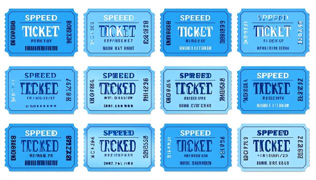 Twelve blue tickets with varying fonts and alphanumeric identifiers are arranged on a stark white background