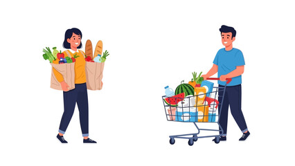 A happy young couple shopping for groceries together, the man pushing a full cart and the woman holding bags of fresh food © Avra