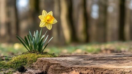 In the serene tranquility of an early spring forest, a vibrant yellow daffodil blossoms gracefully atop a moss-covered log