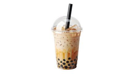 Delicious iced bubble tea with tapioca pearls and milk tea served in a clear plastic cup with a dome lid and black straw, isolated on transparent background