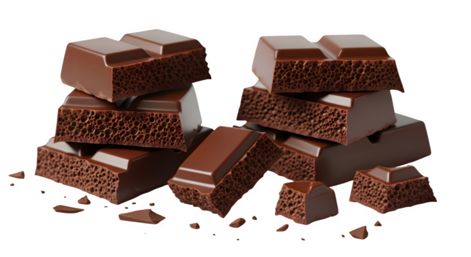 Pieces of porous milk chocolate stacked and broken apart, showing the aerated texture of the confection, isolated on transparent background