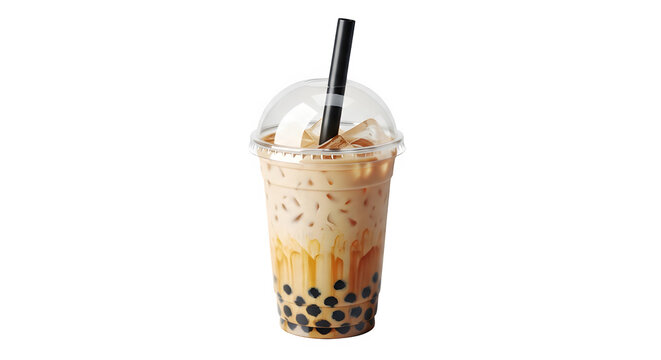 Delicious iced bubble tea with tapioca pearls and milk tea served in a clear plastic cup with a dome lid and black straw, isolated on transparent background
