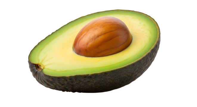 A single ripe avocado half with the large central pit visible, showcasing the creamy green flesh and dark textured skin, isolated on transparent background