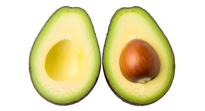 Two halves of a fresh green avocado, one with the large brown seed intact and the other showing the empty cavity, isolated on transparent background for food photography or healthy eating concepts