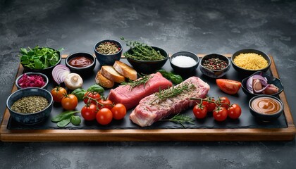 Artfully Arranged Fresh Raw Beef Steak with Cherry Tomatoes Herbs Spices Vegetables on Dark Wooden Board Studio Lighting