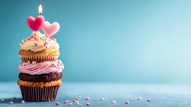 stack of cupcake with heart candle, brown background