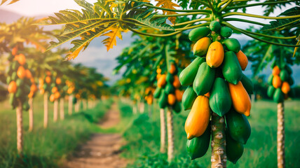A close-up photograph of papayas growing on a tree in a tropical plantation setting