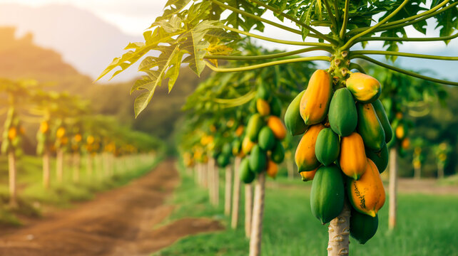 A close-up photograph of papayas growing on a tree in a tropical plantation setting - Powered by Adobe