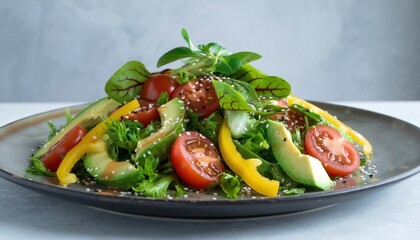 Artfully Arranged Gourmet Salad with Vibrant Cherry Tomatoes Avocado Slices Yellow Bell Peppers Cucumber Leafy Greens on Dark Plate