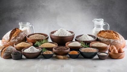 Artfully Arranged Artisanal Bread Ingredients with Flour Grains Herbs Nuts Seeds Eggs Milk Jars and Loaves on Rustic Wooden Table with Soft Lighting