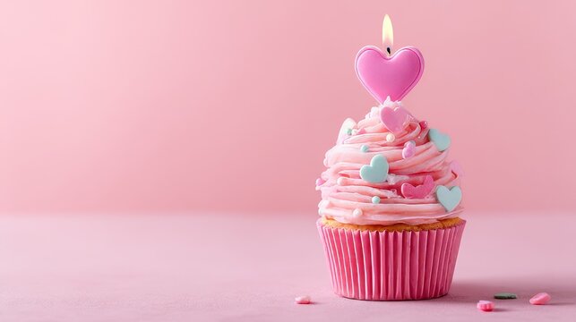 stack of cupcake with heart candle, brown background