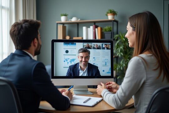 Title: Business Executives Meet Virtually with Global Colleagues to Analyze Market Trends and Plan for Future Quarter