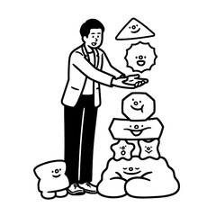 MAN MANAGES A STRANGE TOWER OF ABSTRACT, SMILING FORMS