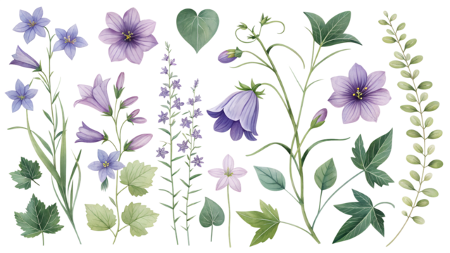 Collection of delicate purple and white bell flowers and green leaves isolated on transparent background
