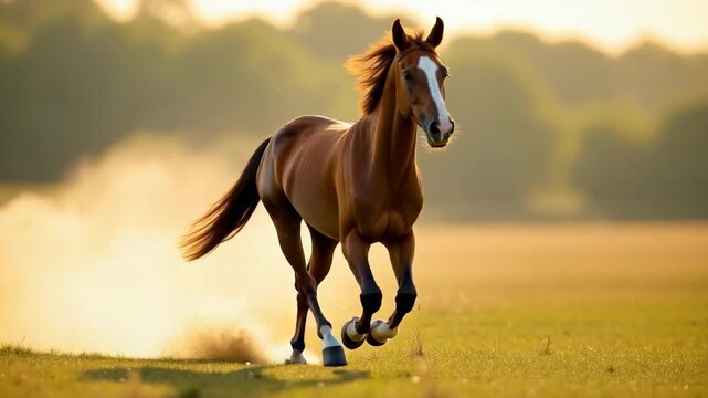 Video A brown horse gallops across a lush green field, great for outdoors or nature-themed projects
