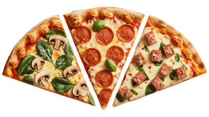 Delicious pizza slices with pepperoni, sausage, spinach and mushrooms, presented on a black surface for a mouthwatering culinary experience, perfect for dinner