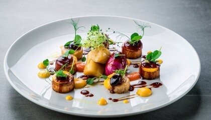 Artfully Arranged Seared Scallops with Vibrant Purple Yellow Sauces Microgreens Carrot Puree on Elegant White Plate Soft Natural Light