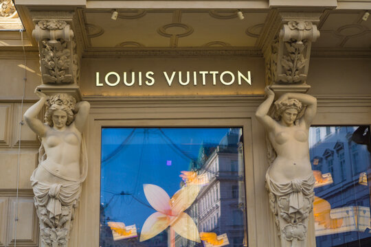 Vienna, Austria, Europe - Nov 08, 2025: Louis Vuitton store entrance with caryatid statues on kohlmarkt street in vienna austria a luxury fashion boutique in a historical european city