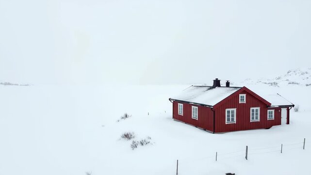 Red Cabin Standing In Vast Snowfield Minimalism 4K