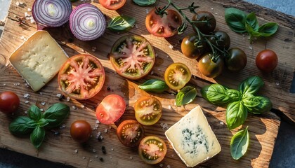 Artfully Arranged Sun-Drenched Gourmet Ingredients Sliced Tomatoes Red Onion Rings Fresh Basil Leaves Blue Cheese on Rustic Wooden Cutting Board